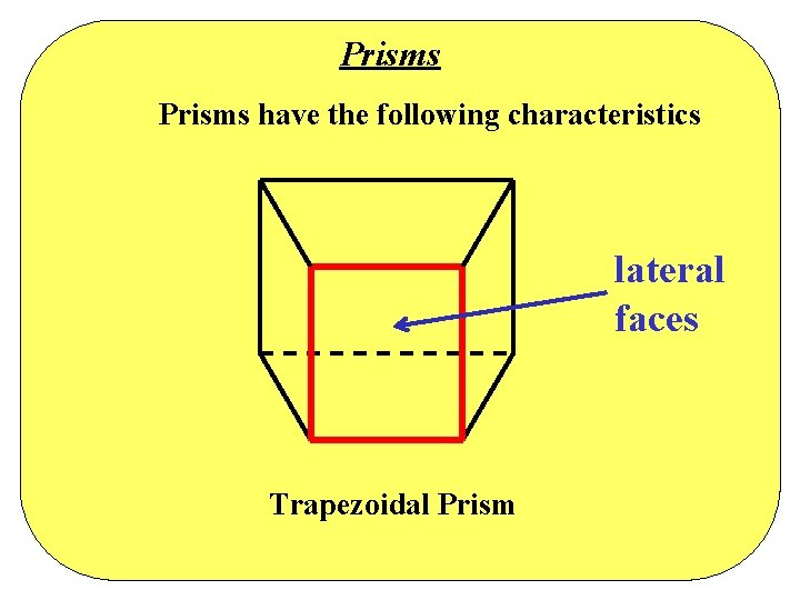 Prisms have the following characteristics lateral faces Trapezoidal Prism Prisms have the following characteristics lateral faces Trapezoidal Prism
