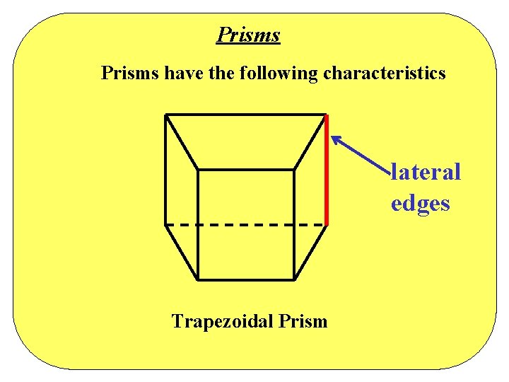 Prisms have the following characteristics lateral edges Trapezoidal Prism Prisms have the following characteristics lateral edges Trapezoidal Prism
