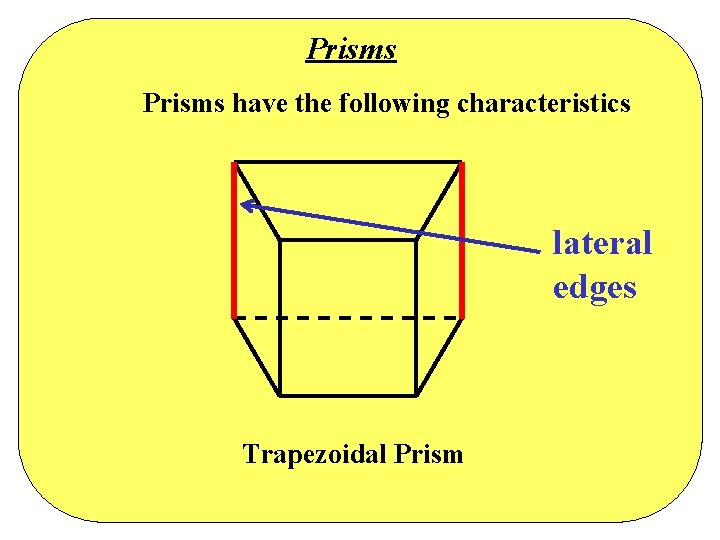 Prisms have the following characteristics lateral edges Trapezoidal Prism Prisms have the following characteristics lateral edges Trapezoidal Prism