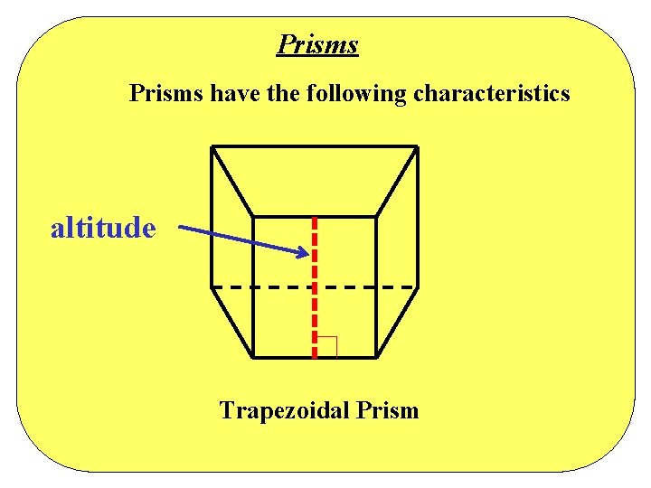 Prisms have the following characteristics altitude Trapezoidal Prism Prisms have the following characteristics altitude Trapezoidal Prism