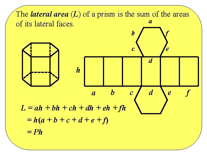 The lateral area (L) of a prism is the sum of the areas a The lateral area (L) of a prism is the sum of the areas a