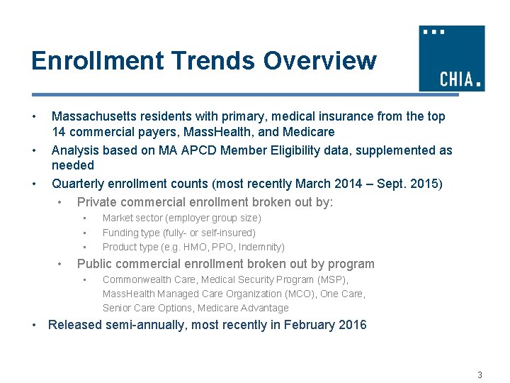 Enrollment Trends Overview • • • Massachusetts residents with primary, medical insurance from the