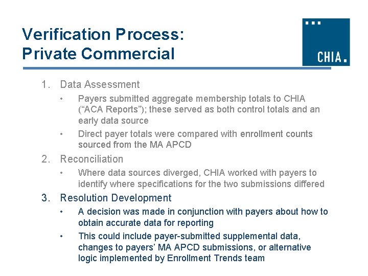 Verification Process: Private Commercial 1. Data Assessment • • Payers submitted aggregate membership totals