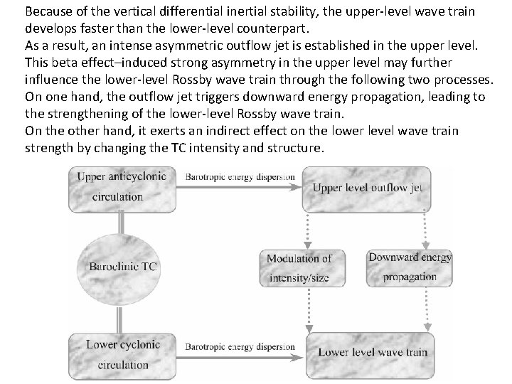 Because of the vertical differential inertial stability, the upper-level wave train develops faster than
