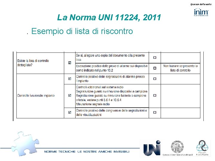 Sponsor dell’evento: La Norma UNI 11224, 2011. Esempio di lista di riscontro 