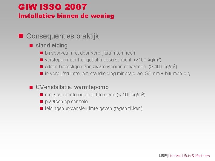 GIW ISSO 2007 Installaties binnen de woning n Consequenties praktijk n standleiding n bij