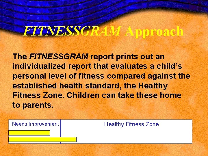 FITNESSGRAM Approach The FITNESSGRAM report prints out an individualized report that evaluates a child’s FITNESSGRAM Approach The FITNESSGRAM report prints out an individualized report that evaluates a child’s
