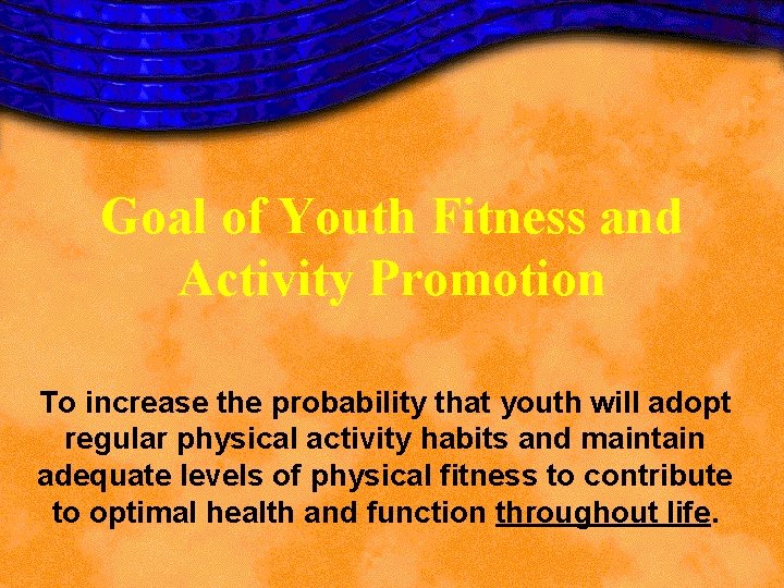 Goal of Youth Fitness and Activity Promotion To increase the probability that youth will Goal of Youth Fitness and Activity Promotion To increase the probability that youth will