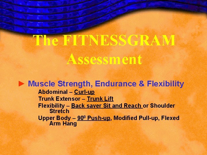 The FITNESSGRAM Assessment ► Muscle Strength, Endurance & Flexibility Abdominal – Curl-up Trunk Extensor The FITNESSGRAM Assessment ► Muscle Strength, Endurance & Flexibility Abdominal – Curl-up Trunk Extensor