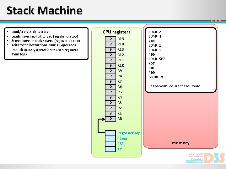 Stack Machine • • Load/store architecture Loads have implicit target (register on top) Stores