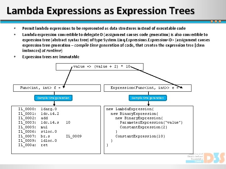 Lambda Expressions as Expression Trees Permit lambda expressions to be represented as data structures