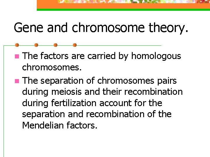 Gene and chromosome theory. The factors are carried by homologous chromosomes. n The separation