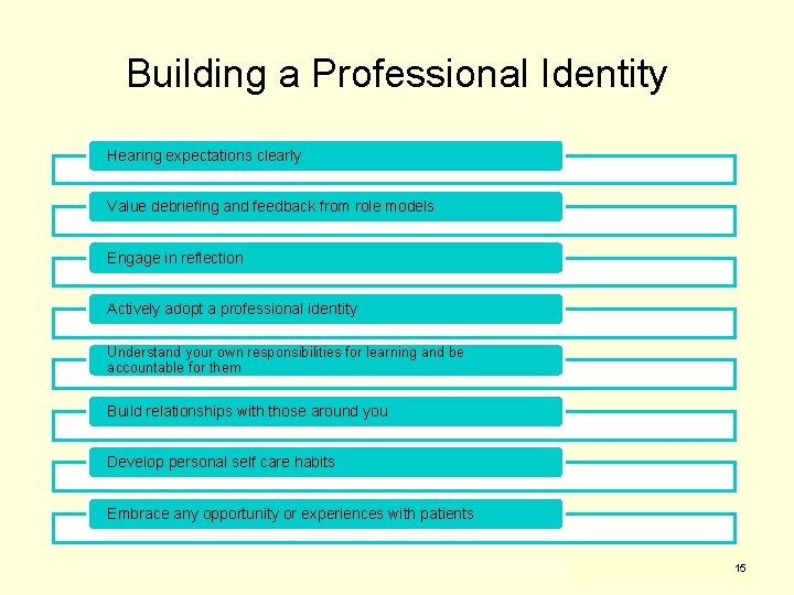 Building a Professional Identity Hearing expectations clearly Value debriefing and feedback from role models