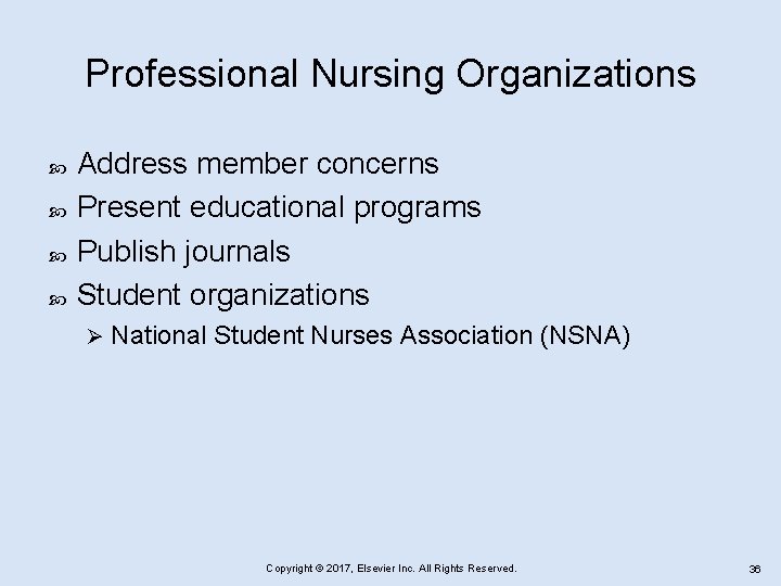 Professional Nursing Organizations Address member concerns Present educational programs Publish journals Student organizations Ø
