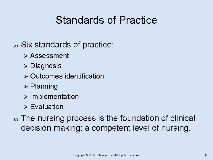 Standards of Practice Six standards of practice: Assessment Ø Diagnosis Ø Outcomes identification Ø