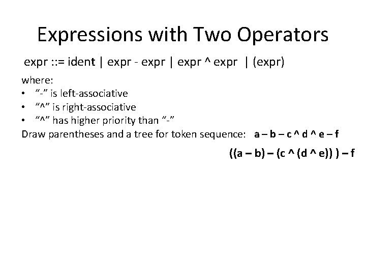 Expressions with Two Operators expr : : = ident | expr - expr |