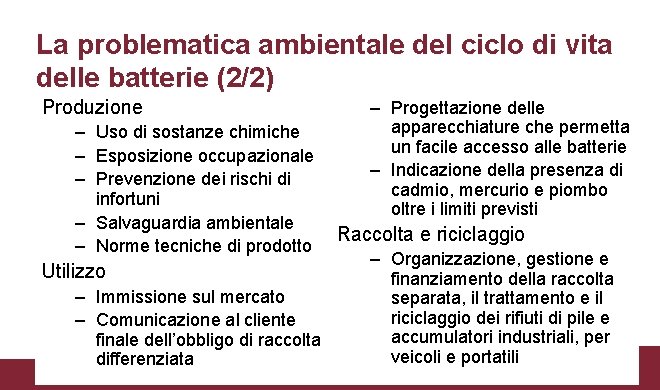 La problematica ambientale del ciclo di vita delle batterie (2/2) Produzione – Uso di