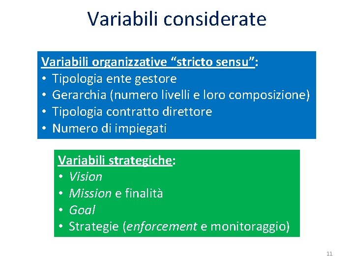 Variabili considerate Variabili organizzative “stricto sensu”: • Tipologia ente gestore • Gerarchia (numero livelli