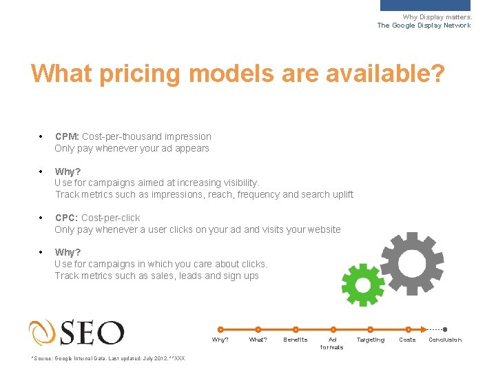 Why Display matters. The Google Display Network What pricing models are available? • CPM: