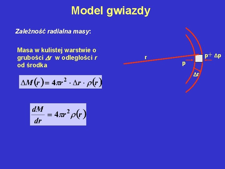 Model gwiazdy Zależność radialna masy: Masa w kulistej warstwie o grubości r w odległości