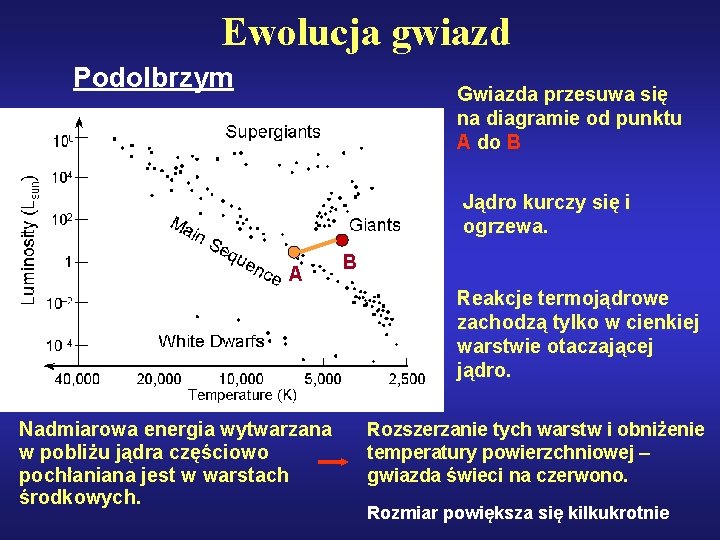 Ewolucja gwiazd Podolbrzym Gwiazda przesuwa się na diagramie od punktu A do B Jądro