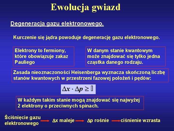 Ewolucja gwiazd Degeneracja gazu elektronowego. Kurczenie się jądra powoduje degenerację gazu elektronowego. Elektrony to