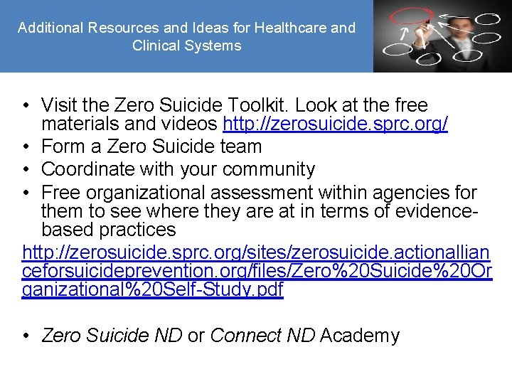 Additional Resources and Ideas for Healthcare and Clinical Systems • Visit the Zero Suicide
