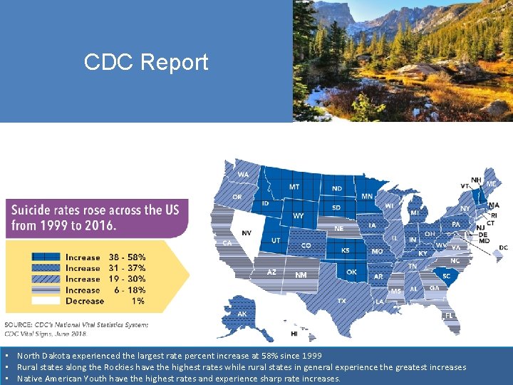 CDC Report CDC • North Dakota experienced the largest rate percent increase at 58%
