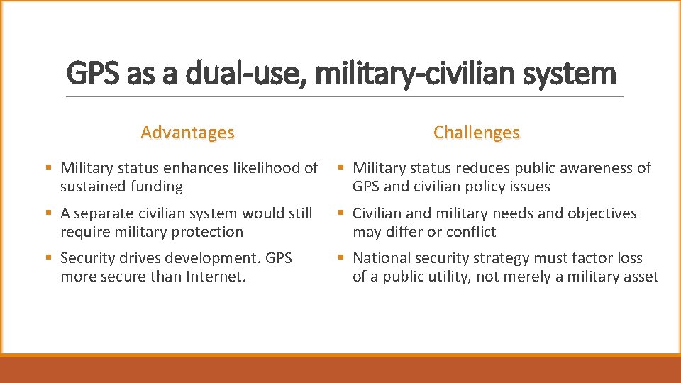 GPS as a dual-use, military-civilian system Advantages Challenges § Military status enhances likelihood of