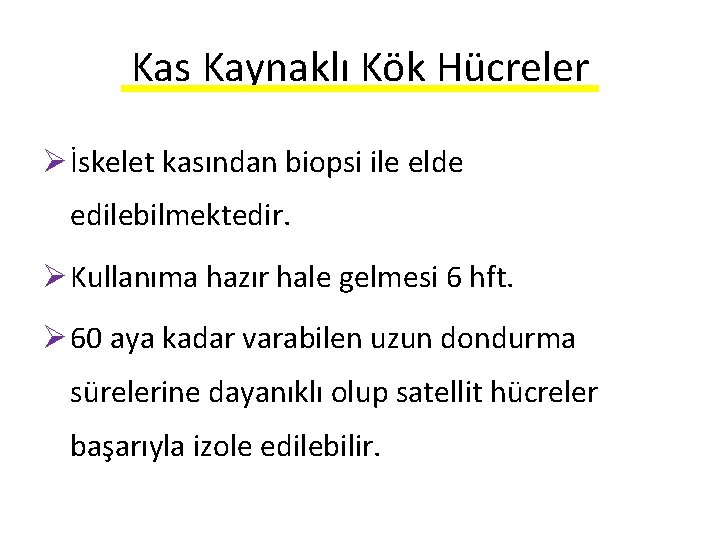 Kas Kaynaklı Kök Hücreler Ø İskelet kasından biopsi ile elde edilebilmektedir. Ø Kullanıma hazır