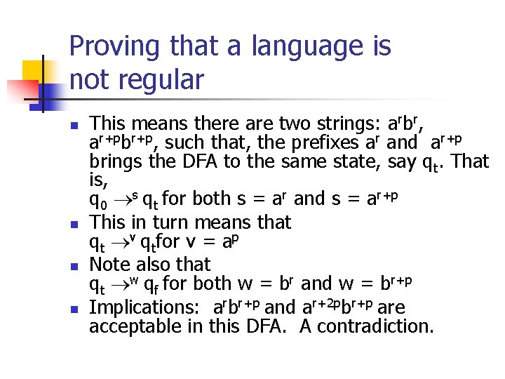 Proving that a language is not regular n n This means there are two