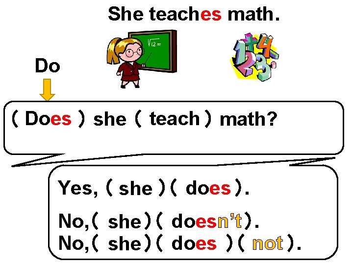 She teaches math. Do （ Does ） she （ teach ） math? Yes, （