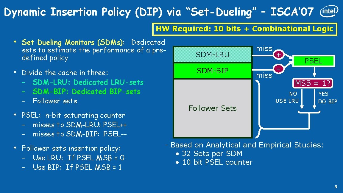 Dynamic Insertion Policy (DIP) via “Set-Dueling” – ISCA’ 07 HW Required: 10 bits +