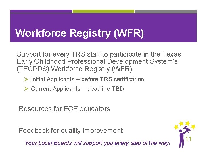 Workforce Registry (WFR) Support for every TRS staff to participate in the Texas Early