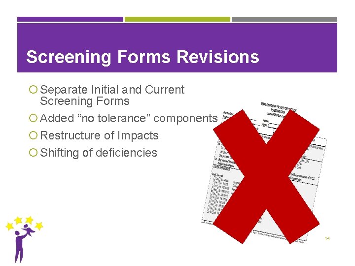 Screening Forms Revisions Separate Initial and Current Screening Forms Added “no tolerance” components Restructure