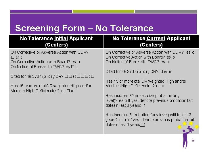Screening Form – No Tolerance Initial Applicant (Centers) On Corrective or Adverse Action with