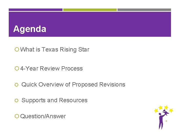 Agenda What is Texas Rising Star 4 -Year Review Process Quick Overview of Proposed