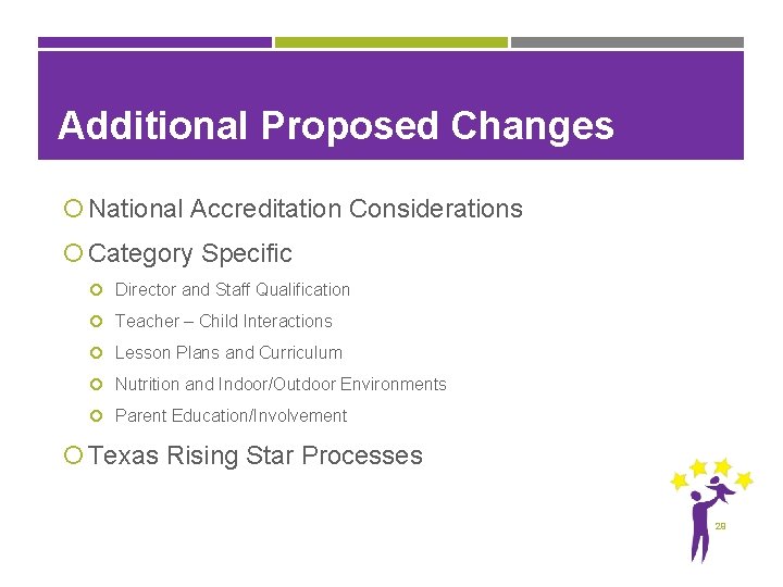 Additional Proposed Changes National Accreditation Considerations Category Specific Director and Staff Qualification Teacher –