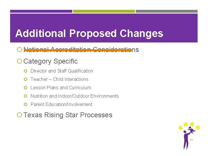 Additional Proposed Changes National Accreditation Considerations Category Specific Director and Staff Qualification Teacher –