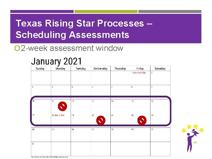 Texas Rising Star Processes – Scheduling Assessments 2 -week assessment window 35 
