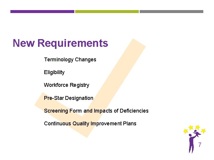 New Requirements Terminology Changes Eligibility Workforce Registry Pre-Star Designation Screening Form and Impacts of