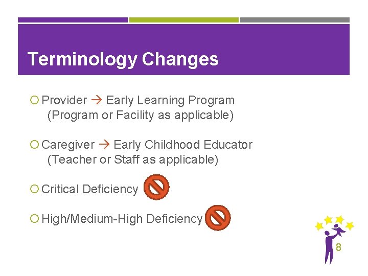 Terminology Changes Provider Early Learning Program (Program or Facility as applicable) Caregiver Early Childhood