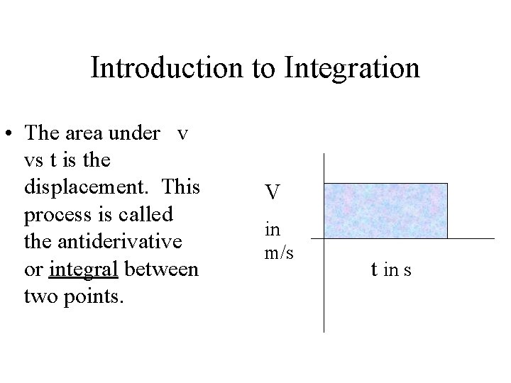 Introduction to Integration • The area under v vs t is the displacement. This