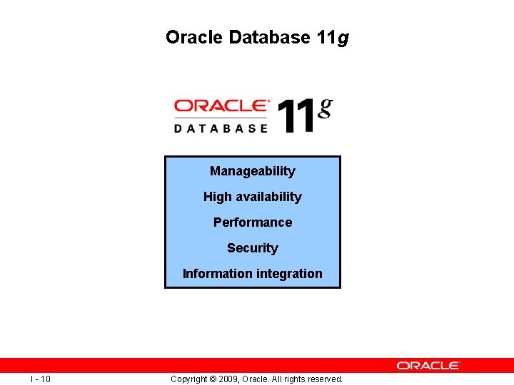Oracle Database 11 g Manageability High availability Performance Security Information integration I - 10