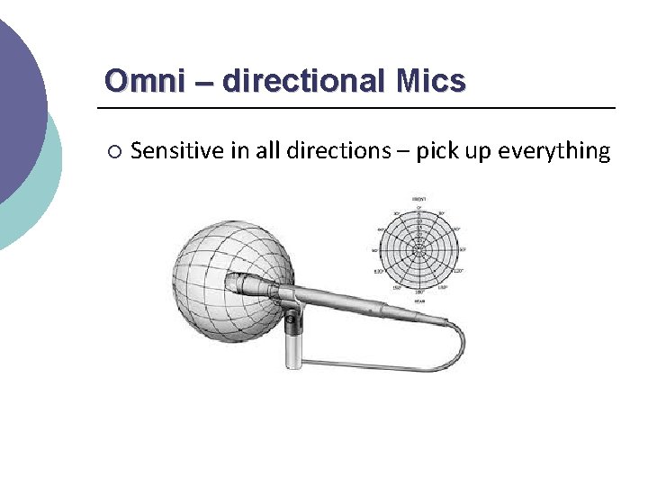 Omni – directional Mics ¡ Sensitive in all directions – pick up everything 