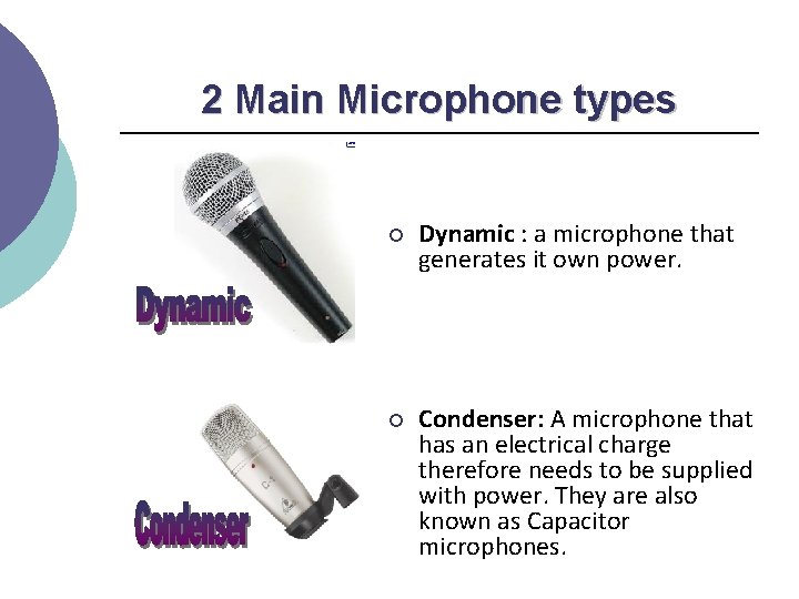 2 Main Microphone types ¡ Dynamic : a microphone that generates it own power.