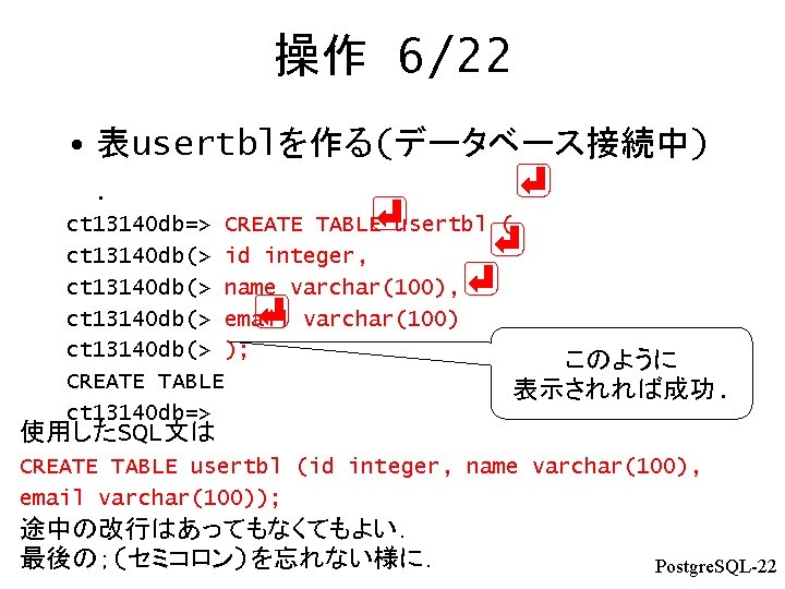 操作 6/22 • 表usertblを作る(データベース接続中) ． ct 13140 db=> CREATE TABLE usertbl ( ct 13140