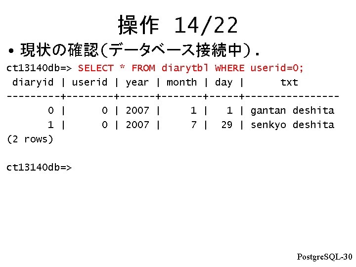 操作 14/22 • 現状の確認(データベース接続中). ct 13140 db=> SELECT * FROM diarytbl WHERE userid=0; diaryid