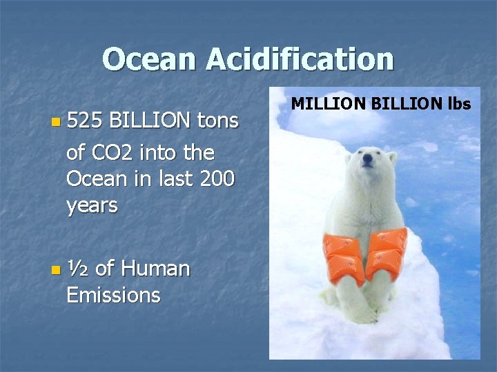 Ocean Acidification n 525 BILLION tons of CO 2 into the Ocean in last Ocean Acidification n 525 BILLION tons of CO 2 into the Ocean in last