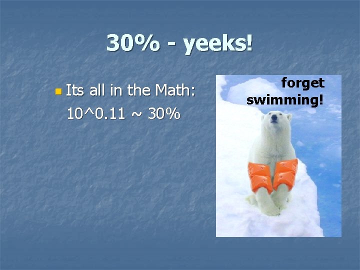 30% - yeeks! n Its all in the Math: 10^0. 11 ~ 30% forget 30% - yeeks! n Its all in the Math: 10^0. 11 ~ 30% forget